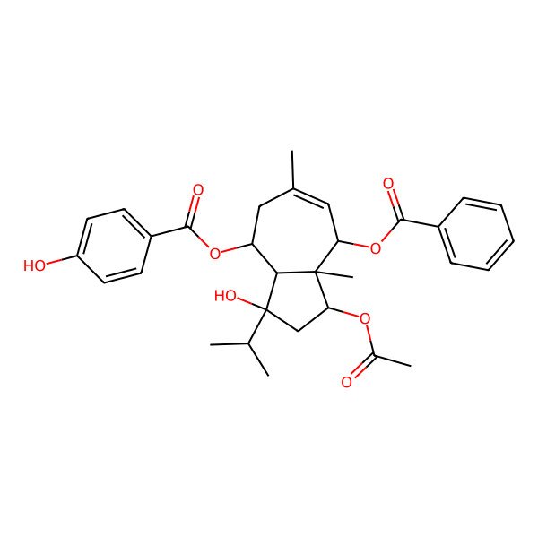 2D Structure of (1R)-1-Isopropyl-3abeta,6-dimethyl-1,2,3,3a,4,7,8,8aalpha-octahydroazulene-1beta,3alpha,4beta,8alpha-tetraol 3-acetate 4-benzoate 8-(4-hydroxybenzoate)