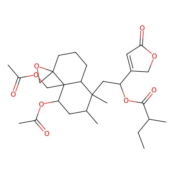 2D Structure of [(1S)-2-[(1S,2R,4S,4aR,5R,8aR)-4-acetyloxy-4a-(acetyloxymethyl)-1,2-dimethylspiro[3,4,6,7,8,8a-hexahydro-2H-naphthalene-5,2'-oxirane]-1-yl]-1-(5-oxo-2H-furan-3-yl)ethyl] 2-methylbutanoate