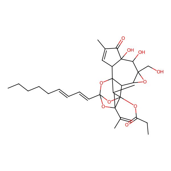 2D Structure of [(1R,2R,6S,7S,8R,10S,11S,12R,16S,17R,18R)-6,7-dihydroxy-8-(hydroxymethyl)-16-isopropenyl-4,18-dimethyl-14-[(1E,3E)-nona-1,3-dienyl]-5-oxo-9,13,15,19-tetraoxahexacyclo[12.4.1.01,11.02,6.08,10.012,16]nonadec-3-en-17-yl] propanoate