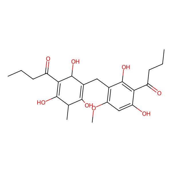 2D Structure of 1-[5-[(3-Butanoyl-2,4-dihydroxy-6-methoxyphenyl)methyl]-2,4,6-trihydroxy-3-methylcyclohexa-1,4-dien-1-yl]butan-1-one