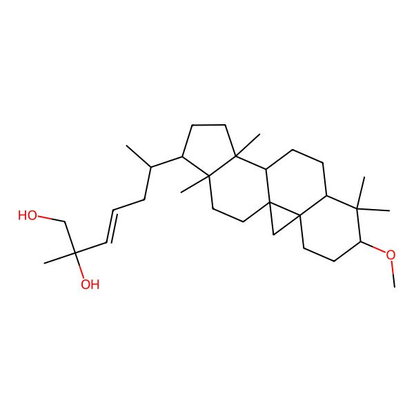 2D Structure of (E,2S)-6-[(1S,3R)-6-methoxy-7,7,12,16-tetramethyl-15-pentacyclo[9.7.0.01,3.03,8.012,16]octadecanyl]-2-methylhept-3-ene-1,2-diol