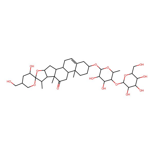 2D Structure of (1R,2S,3'S,4S,5'S,6S,7S,8R,9S,12S,13R,16S)-16-[(2R,3R,4R,5R,6R)-3,4-dihydroxy-6-methyl-5-[(2S,3R,4S,5S,6R)-3,4,5-trihydroxy-6-(hydroxymethyl)oxan-2-yl]oxyoxan-2-yl]oxy-3'-hydroxy-5'-(hydroxymethyl)-7,9,13-trimethylspiro[5-oxapentacyclo[10.8.0.02,9.04,8.013,18]icos-18-ene-6,2'-oxane]-10-one