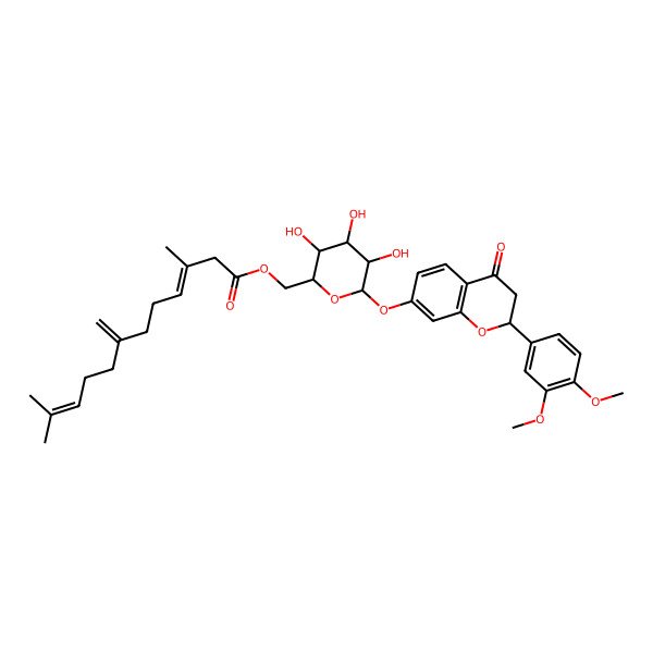 2D Structure of [(2R,3S,4S,5R,6S)-6-[[(2R)-2-(3,4-dimethoxyphenyl)-4-oxo-2,3-dihydrochromen-7-yl]oxy]-3,4,5-trihydroxyoxan-2-yl]methyl (3E)-3,11-dimethyl-7-methylidenedodeca-3,10-dienoate