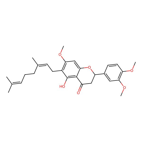 2D Structure of (2S)-2-(3,4-dimethoxyphenyl)-6-[(2E)-3,7-dimethylocta-2,6-dienyl]-5-hydroxy-7-methoxy-2,3-dihydrochromen-4-one