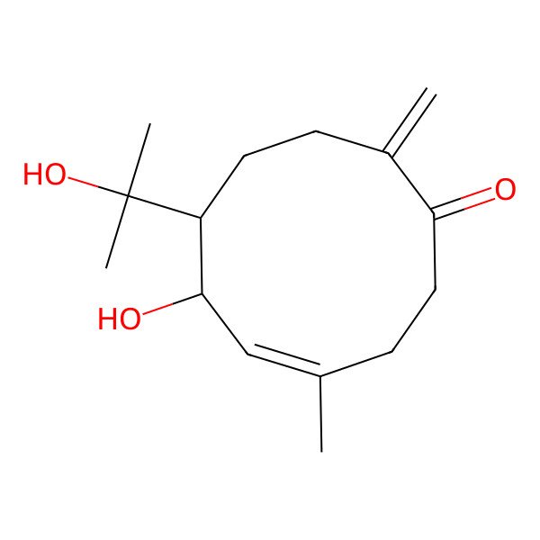 2D Structure of (4E,6R,7R)-4-Methyl-6-hydroxy-7-(1-hydroxy-1-methylethyl)-10-methylene-4-cyclodecene-1-one