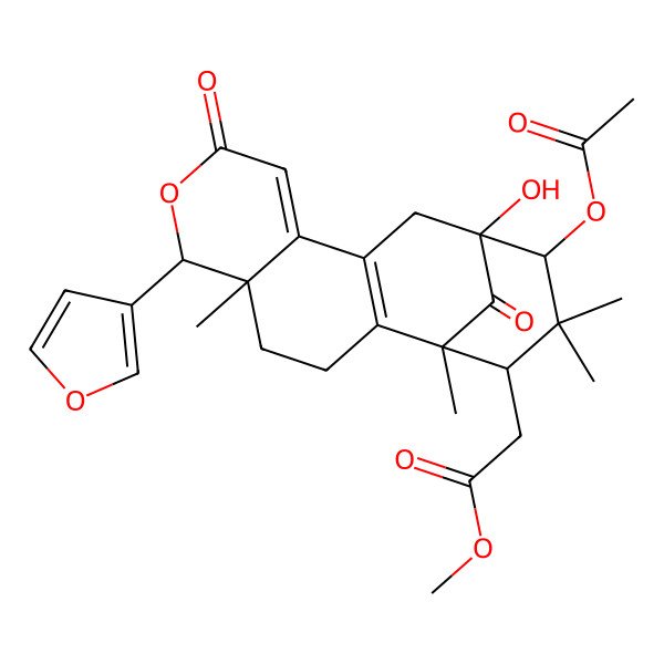 2D Structure of methyl 2-[(14S)-14-acetyloxy-6-(furan-3-yl)-13-hydroxy-1,5,15,15-tetramethyl-8,17-dioxo-7-oxatetracyclo[11.3.1.02,11.05,10]heptadeca-2(11),9-dien-16-yl]acetate