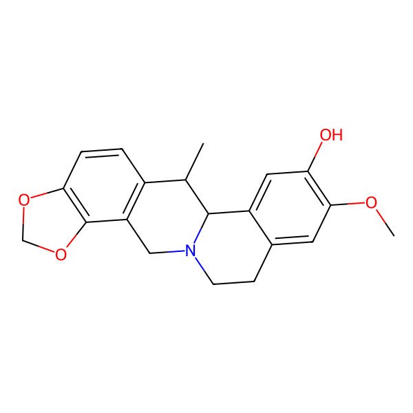 2D Structure of 6,6aalpha,11,14-Tetrahydro-9-methoxy-6beta-methyl-12H-benzo[a]-1,3-benzodioxolo[4,5-g]quinolizin-8-ol
