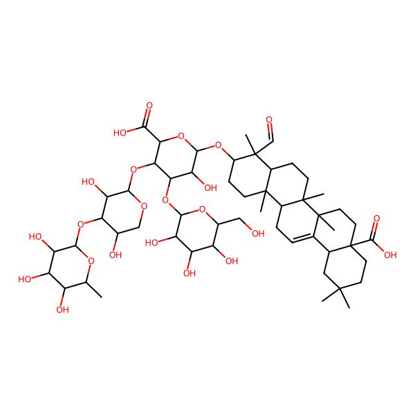 2D Structure of (2S,3R,4R,5R,6R)-6-[[(3S,4R,6aR,8aS,14bR)-8a-carboxy-4-formyl-4,6a,6b,11,11,14b-hexamethyl-1,2,3,4a,5,6,7,8,9,10,12,12a,14,14a-tetradecahydropicen-3-yl]oxy]-3-[(2S,3R,4S,5R)-3,5-dihydroxy-4-[(2S,3R,4R,5R,6S)-3,4,5-trihydroxy-6-methyloxan-2-yl]oxyoxan-2-yl]oxy-5-hydroxy-4-[(2S,3R,4S,5R,6R)-3,4,5-trihydroxy-6-(hydroxymethyl)oxan-2-yl]oxyoxane-2-carboxylic acid