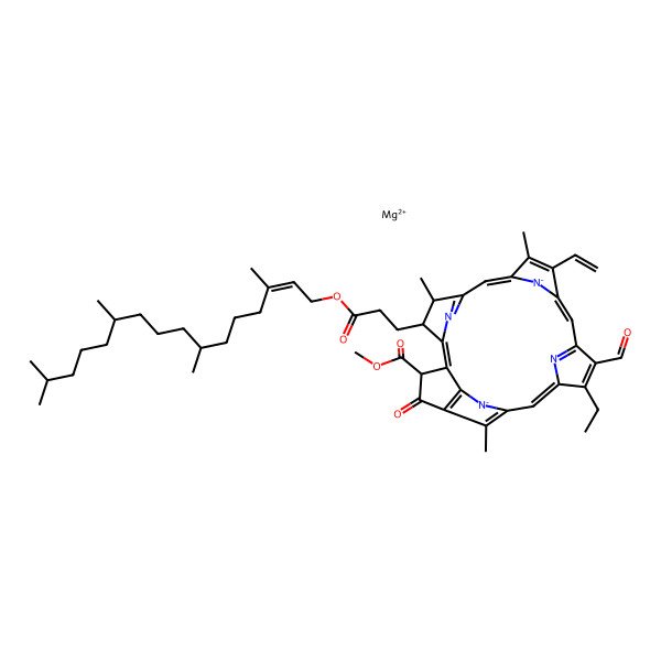 2D Structure of magnesium;methyl (21S,22S)-16-ethenyl-11-ethyl-12-formyl-17,21,26-trimethyl-4-oxo-22-[3-oxo-3-[(E,7R,11R)-3,7,11,15-tetramethylhexadec-2-enoxy]propyl]-23,25-diaza-7,24-diazanidahexacyclo[18.2.1.15,8.110,13.115,18.02,6]hexacosa-1,5,8(26),9,11,13(25),14,16,18,20(23)-decaene-3-carboxylate