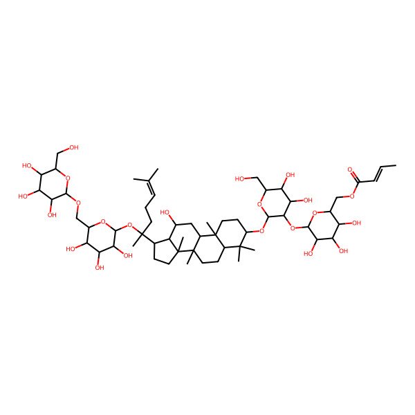 2D Structure of [(2R,3S,4S,5R,6S)-6-[(2R,3R,4S,5S,6R)-4,5-dihydroxy-6-(hydroxymethyl)-2-[[(3S,5R,8R,9R,10R,12R,13R,14R,17S)-12-hydroxy-4,4,8,10,14-pentamethyl-17-[(2S)-6-methyl-2-[(2S,3R,4S,5S,6R)-3,4,5-trihydroxy-6-[[(2R,3R,4S,5S,6R)-3,4,5-trihydroxy-6-(hydroxymethyl)oxan-2-yl]oxymethyl]oxan-2-yl]oxyhept-5-en-2-yl]-2,3,5,6,7,9,11,12,13,15,16,17-dodecahydro-1H-cyclopenta[a]phenanthren-3-yl]oxy]oxan-3-yl]oxy-3,4,5-trihydroxyoxan-2-yl]methyl (E)-but-2-enoate