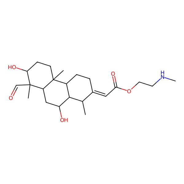 2D Structure of 2-(methylamino)ethyl (2E)-2-(8-formyl-7,10-dihydroxy-1,4b,8-trimethyl-3,4,4a,5,6,7,8a,9,10,10a-decahydro-1H-phenanthren-2-ylidene)acetate