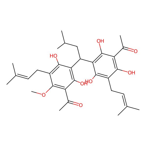 2D Structure of 1-[3-[(1R)-1-[3-acetyl-2,6-dihydroxy-4-methoxy-5-(3-methylbut-2-enyl)phenyl]-3-methylbutyl]-2,4,6-trihydroxy-5-(3-methylbut-2-enyl)phenyl]ethanone