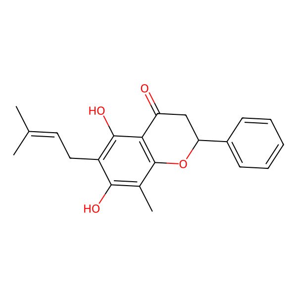 2D Structure of 4H-1-Benzopyran-4-one, 2,3-dihydro-5,7-dihydroxy-8-methyl-6-(3-methyl-2-butenyl)-2-phenyl-, (S)- 2D Structure of 4H-1-Benzopyran-4-one, 2,3-dihydro-5,7-dihydroxy-8-methyl-6-(3-methyl-2-butenyl)-2-phenyl-, (S)-