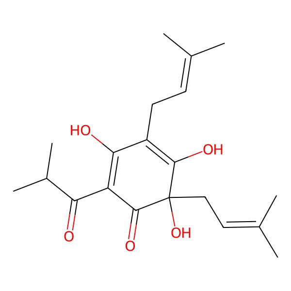 2D Structure of (4R)-3,4,5-Trihydroxy-4,6-bis(3-methyl-2-butenyl)-2-(2-methylpropanoyl)-2,5-cyclohexadien-1-one 2D Structure of (4R)-3,4,5-Trihydroxy-4,6-bis(3-methyl-2-butenyl)-2-(2-methylpropanoyl)-2,5-cyclohexadien-1-one