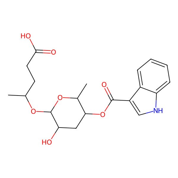 2D Structure of (4R)-4-{[3,6-dideoxy-4-O-(1H-indol-3-ylcarbonyl)-alpha-L-arabino-hexopyranosyl]oxy}valeric acid