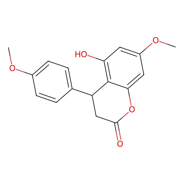 2D Structure of (4R)-5-hydroxy-7-methoxy-4-(4-methoxyphenyl)-3,4-dihydrochromen-2-one 2D Structure of (4R)-5-hydroxy-7-methoxy-4-(4-methoxyphenyl)-3,4-dihydrochromen-2-one
