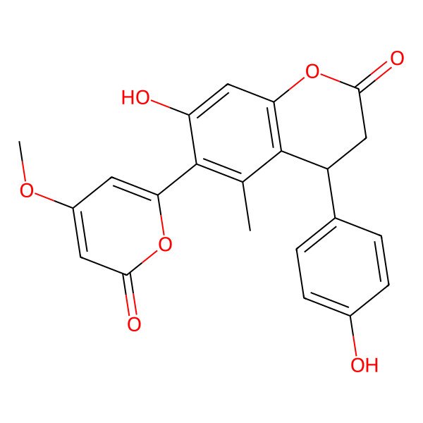 2D Structure of (4R)-7-hydroxy-4-(4-hydroxyphenyl)-6-(4-methoxy-6-oxopyran-2-yl)-5-methyl-3,4-dihydrochromen-2-one