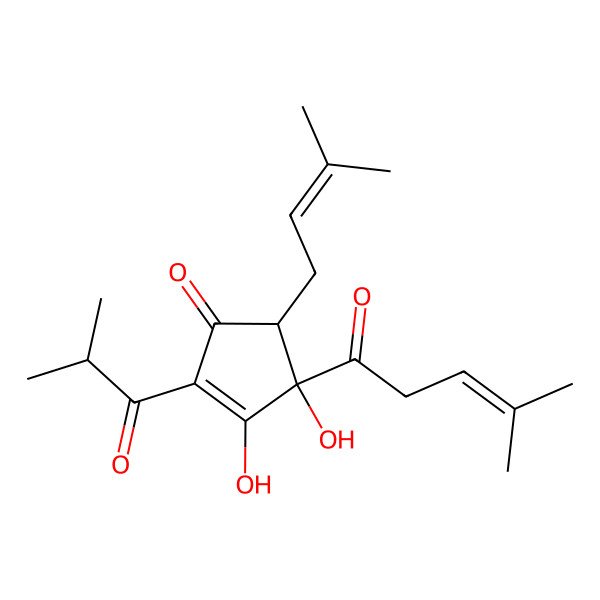 2D Structure of (4S,5S)-3,4-dihydroxy-5-(3-methylbut-2-enyl)-4-(4-methylpent-3-enoyl)-2-(2-methylpropanoyl)cyclopent-2-en-1-one 2D Structure of (4S,5S)-3,4-dihydroxy-5-(3-methylbut-2-enyl)-4-(4-methylpent-3-enoyl)-2-(2-methylpropanoyl)cyclopent-2-en-1-one