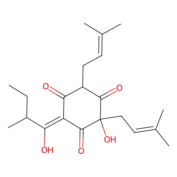 2D Structure of (4Z)-2-hydroxy-4-(1-hydroxy-2-methylbutylidene)-2,6-bis(3-methylbut-2-enyl)cyclohexane-1,3,5-trione