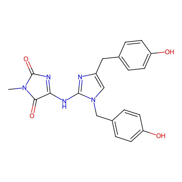 2D Structure of 5-[[1,4-bis[(4-hydroxyphenyl)methyl]imidazol-2-yl]amino]-3-methylimidazole-2,4-dione