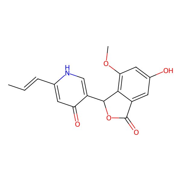2D Structure of 5-[(1R)-5-hydroxy-7-methoxy-3-oxo-1H-2-benzofuran-1-yl]-2-[(E)-prop-1-enyl]-1H-pyridin-4-one