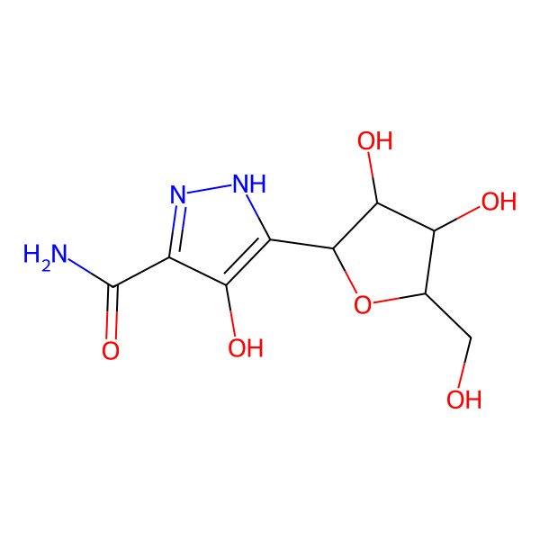 2D Structure of 5-[(2S,3R,4S,5R)-3,4-dihydroxy-5-(hydroxymethyl)oxolan-2-yl]-4-hydroxy-1H-pyrazole-3-carboxamide