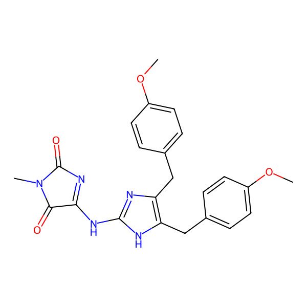 2D Structure of 5-[[4,5-bis[(4-methoxyphenyl)methyl]-1H-imidazol-2-yl]amino]-3-methylimidazole-2,4-dione