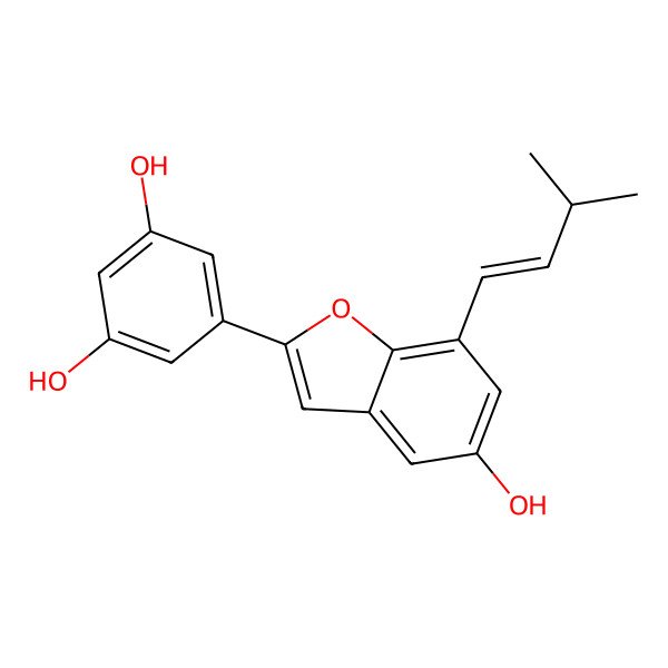 2D Structure of 5-[5-hydroxy-7-[(E)-3-methylbut-1-enyl]-1-benzofuran-2-yl]benzene-1,3-diol