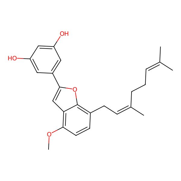 2D Structure of 5-[7-[(2E)-3,7-dimethylocta-2,6-dienyl]-4-methoxy-1-benzofuran-2-yl]benzene-1,3-diol