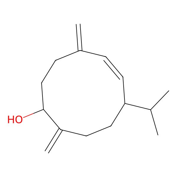 2D Structure of 5-cyclodecen-1-ol, 4,10-bis(methylene)-7-(1-methylethyl)-, (1R,5E,7S)- 2D Structure of 5-cyclodecen-1-ol, 4,10-bis(methylene)-7-(1-methylethyl)-, (1R,5E,7S)-