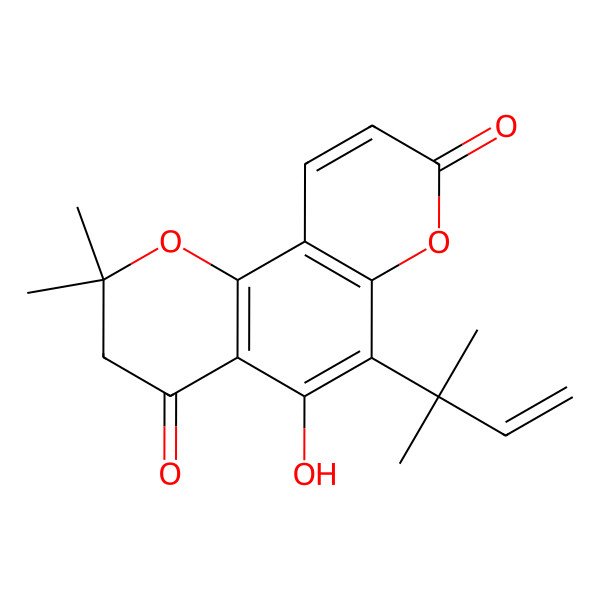 2D Structure of 5-hydroxy-2,2-dimethyl-6-(2-methylbut-3-en-2-yl)-3H-pyrano[2,3-h]chromene-4,8-dione