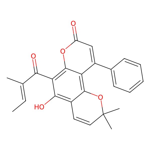 2D Structure of 5-hydroxy-2,2-dimethyl-6-[(E)-2-methylbut-2-enoyl]-10-phenyl-pyrano[2,3-f]chromen-8-one