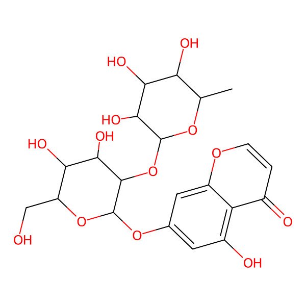 2D Structure of 7-[(2S,3R,4S,5S,6R)-4,5-dihydroxy-6-(hydroxymethyl)-3-[(2S,3R,4R,5R,6S)-3,4,5-trihydroxy-6-methyloxan-2-yl]oxyoxan-2-yl]oxy-5-hydroxychromen-4-one