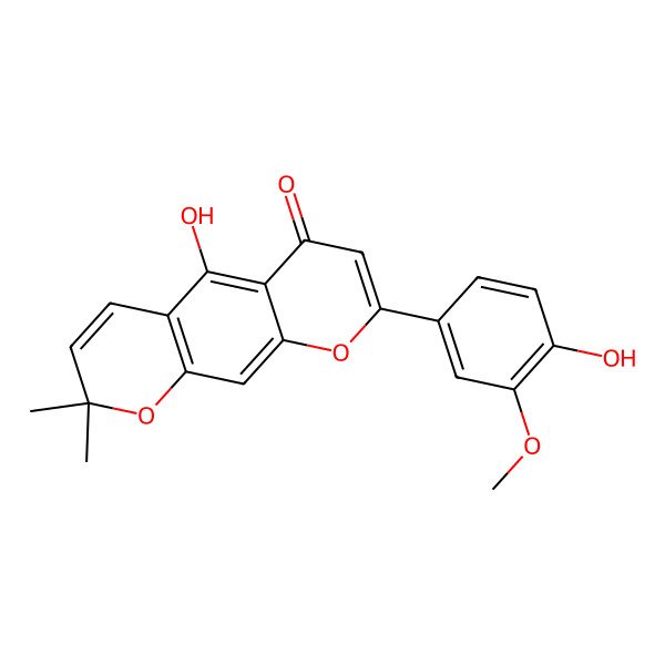 2D Structure of 5-Hydroxy-8-(4-hydroxy-3-methoxyphenyl)-2,2-dimethyl-2H,6H-benzo[1,2-b:5,4-b']dipyran-6-one