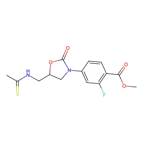 2D Structure of 5-(S)-Thioacetamidomethyl-3-[4'-methoxycarbonyl-3'-fluorophenyl]oxazoli-dine-2-one