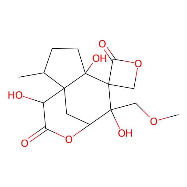 2D Structure of (1S,2R,5R,6R,7S,8R,11R)-5,7,11-trihydroxy-7-(methoxymethyl)-2-methylspiro[9-oxatricyclo[6.3.1.01,5]dodecane-6,3'-oxetane]-2',10-dione