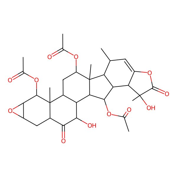 2D Structure of (10,25-Diacetyloxy-3,22-dihydroxy-11,15,17,22-tetramethyl-4,21-dioxo-8,20-dioxaheptacyclo[13.10.0.02,12.05,11.07,9.016,24.019,23]pentacos-18-en-14-yl) acetate