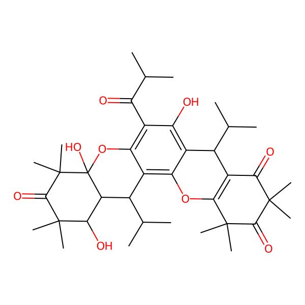 2D Structure of (4aS,8R,14S,14aR)-1,4a,7-trihydroxy-2,2,4,4,10,10,12,12-octamethyl-6-(2-methylpropanoyl)-8,14-di(propan-2-yl)-1,8,14,14a-tetrahydrochromeno[2,3-a]xanthene-3,9,11-trione