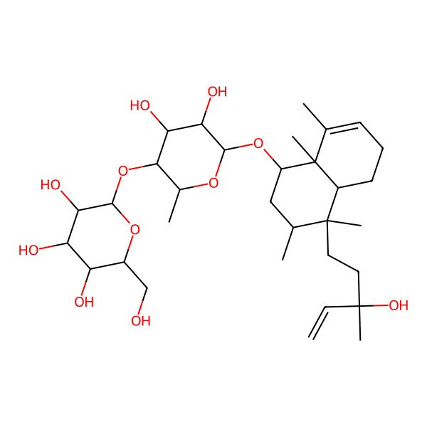 2D Structure of [(5R,8R,9S,10R,13S)-13-Hydroxycleroda-3,14-diene-6alpha-yl]4-O-(beta-D-glucopyranosyl)-alpha-L-rhamnopyranoside