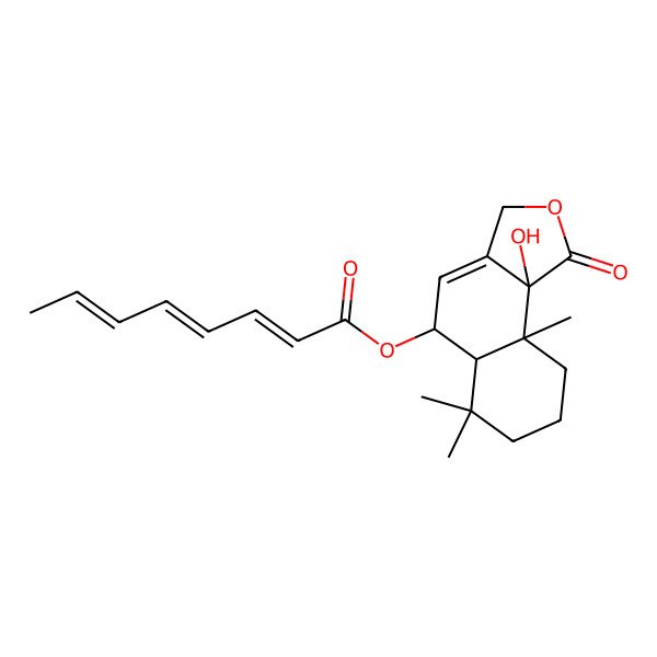 2D Structure of (2E,4E)-2,4,6-Octatrienoic acid [(5R)-1,3,5,5aalpha,6,7,8,9,9a,9balpha-decahydro-9balpha-hydroxy-6,6,9abeta-trimethyl-1-oxonaphtho[1,2-c]furan]-5beta-yl ester