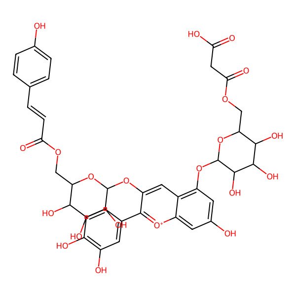 2D Structure of 3-[[(3S,4S,6S)-6-[2-(3,4-dihydroxyphenyl)-7-hydroxy-3-[(2S,5S)-3,4,5-trihydroxy-6-[3-(4-hydroxyphenyl)prop-2-enoyloxymethyl]oxan-2-yl]oxychromenylium-5-yl]oxy-3,4,5-trihydroxyoxan-2-yl]methoxy]-3-oxopropanoic acid