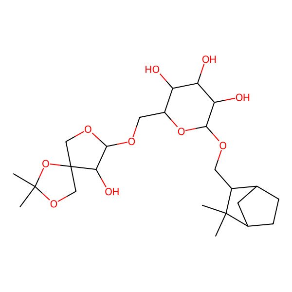 2D Structure of (2R,3R,4S,5S,6R)-2-[[(1R,2R,4S)-3,3-dimethyl-2-bicyclo[2.2.1]heptanyl]methoxy]-6-[[(5S,8R,9R)-9-hydroxy-2,2-dimethyl-1,3,7-trioxaspiro[4.4]nonan-8-yl]oxymethyl]oxane-3,4,5-triol