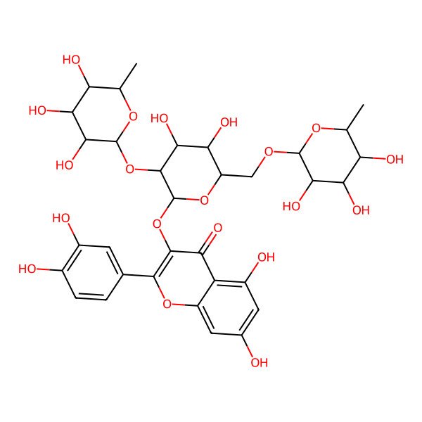 2D Structure of 2-(3,4-dihydroxyphenyl)-3-[(2S,5S)-4,5-dihydroxy-3-[(2S,3S,5R)-3,4,5-trihydroxy-6-methyloxan-2-yl]oxy-6-[[(2R,4S,5R)-3,4,5-trihydroxy-6-methyloxan-2-yl]oxymethyl]oxan-2-yl]oxy-5,7-dihydroxychromen-4-one