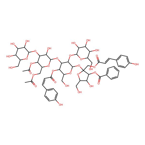 2D Structure of [(2S,3S,4R,5R)-2-[(2R,3R,4S,5R,6R)-4-[(2S,3R,4R,5R,6R)-5-acetyloxy-6-(acetyloxymethyl)-3-hydroxy-4-[(2S,3R,4S,5S,6R)-3,4,5-trihydroxy-6-(hydroxymethyl)oxan-2-yl]oxyoxan-2-yl]oxy-6-(hydroxymethyl)-5-[(E)-3-(4-hydroxyphenyl)prop-2-enoyl]oxy-3-[(2S,3R,4S,5S,6R)-3,4,5-trihydroxy-6-(hydroxymethyl)oxan-2-yl]oxyoxan-2-yl]oxy-4-hydroxy-5-(hydroxymethyl)-2-[[(E)-3-(4-hydroxyphenyl)prop-2-enoyl]oxymethyl]oxolan-3-yl] benzoate