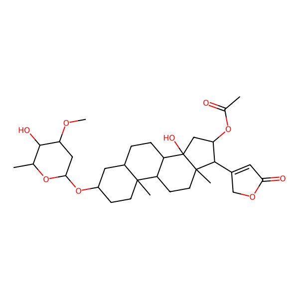 2D Structure of [(3S,5R,8R,9S,10S,13R,14S,16S,17R)-14-hydroxy-3-[(2R,4R,5S,6R)-5-hydroxy-4-methoxy-6-methyloxan-2-yl]oxy-10,13-dimethyl-17-(5-oxo-2H-furan-3-yl)-1,2,3,4,5,6,7,8,9,11,12,15,16,17-tetradecahydrocyclopenta[a]phenanthren-16-yl] acetate