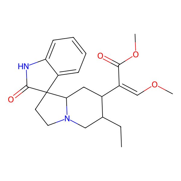 2D Structure of Spiro[3H-indole-3,1'(5'H)-indolizine]-7'-acetic acid,6'-ethyl-1,2,2',3',6',7',8',8'a-octahydro-a-(methoxymethylene)-2-oxo-,methyl ester, (aE,1'S,6'R,7'S,8'aS)-