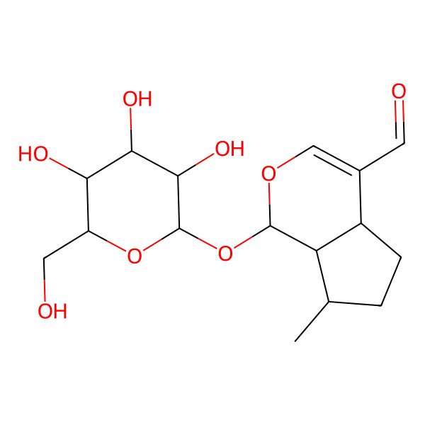 2D Structure of 7-methyl-1-[(2S,3R,4S,5S,6R)-3,4,5-trihydroxy-6-(hydroxymethyl)oxan-2-yl]oxy-1,4a,5,6,7,7a-hexahydrocyclopenta[c]pyran-4-carbaldehyde
