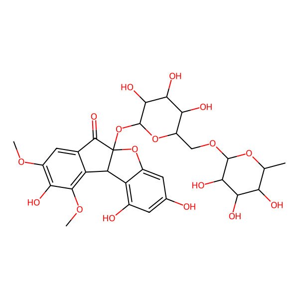 2D Structure of (5aS,10bS)-1,3,9-trihydroxy-8,10-dimethoxy-5a-[(2S,3R,4S,5S,6R)-3,4,5-trihydroxy-6-[[(2R,3R,4R,5R,6S)-3,4,5-trihydroxy-6-methyloxan-2-yl]oxymethyl]oxan-2-yl]oxy-10bH-indeno[2,3-b][1]benzofuran-6-one