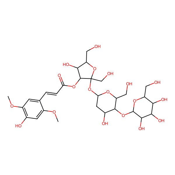 2D Structure of [(2S,3S,4R,5R)-4-hydroxy-2-[(2S,4R,5S,6R)-4-hydroxy-6-(hydroxymethyl)-5-[(2S,3R,4S,5S,6R)-3,4,5-trihydroxy-6-(hydroxymethyl)oxan-2-yl]oxyoxan-2-yl]oxy-2,5-bis(hydroxymethyl)oxolan-3-yl] (E)-3-(4-hydroxy-2,5-dimethoxyphenyl)prop-2-enoate