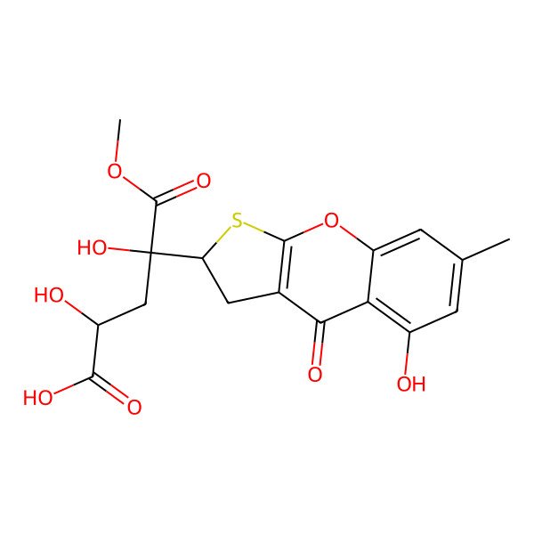 2D Structure of (2R,4S)-2,4-dihydroxy-4-[(2S)-5-hydroxy-7-methyl-4-oxo-2,3-dihydrothieno[2,3-b]chromen-2-yl]-5-methoxy-5-oxopentanoic acid